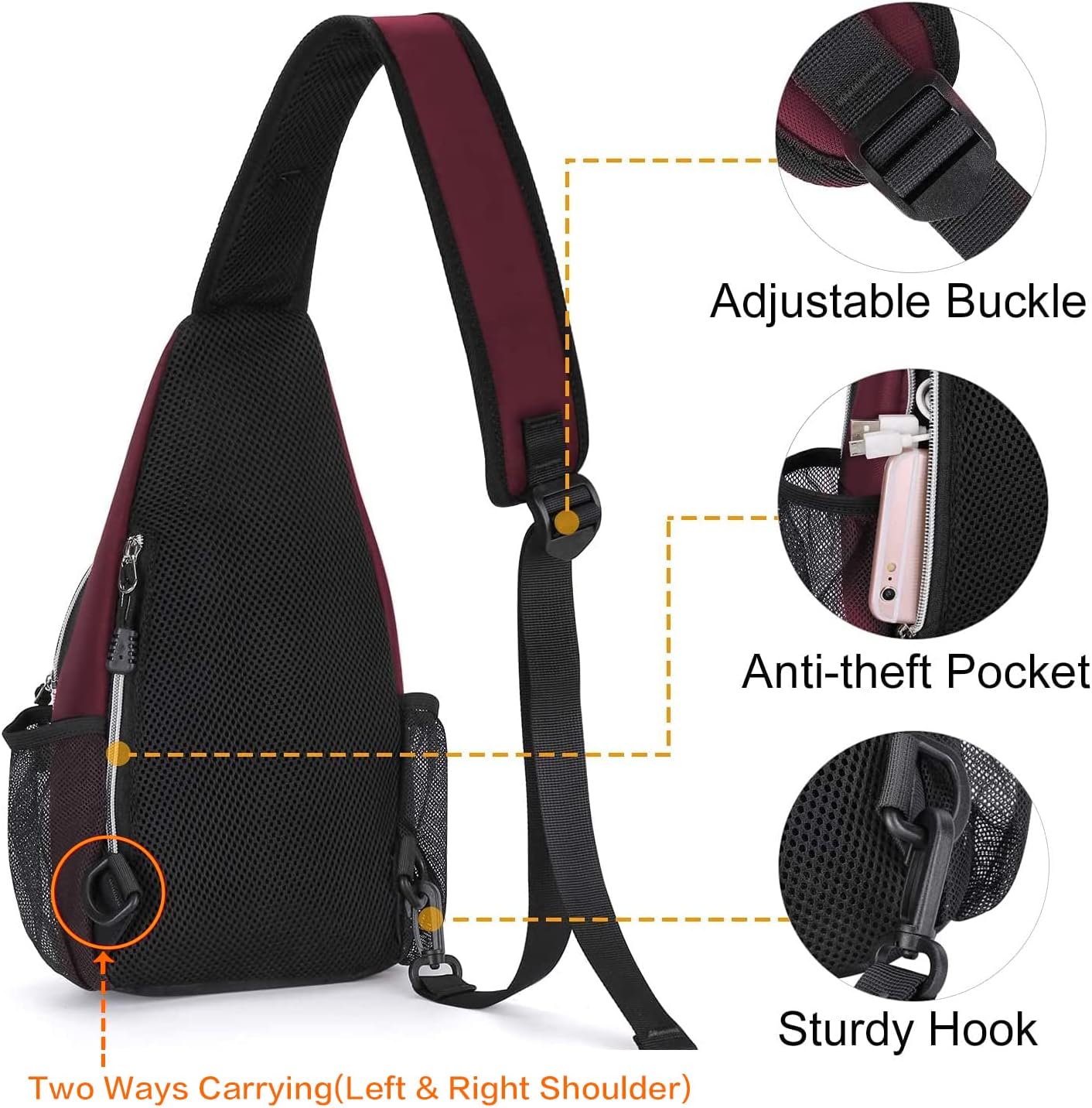 MOSISO Mini Sling Backpack,Small Hiking Daypack Travel Outdoor Casual Sports Bag, Wine Red