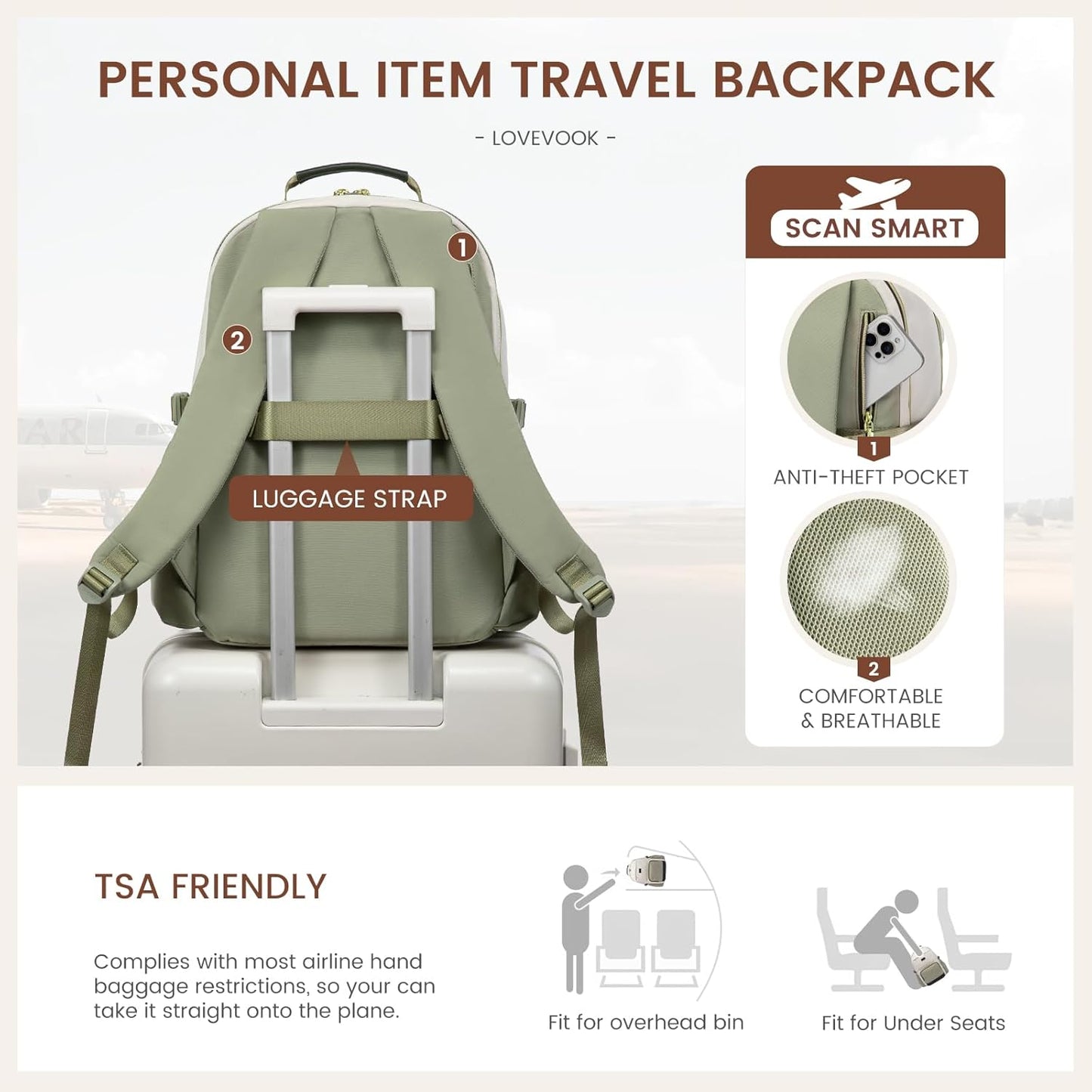 LOVEVOOK Laptop Backpack for Women with Pouch Pocket for Large Capacity Cup,15.6 Inch Laptop Computer Bag Travel Backpack Purse,Waterproof Work College Teacher Bags,White-Bean Green-Dark Olive Green