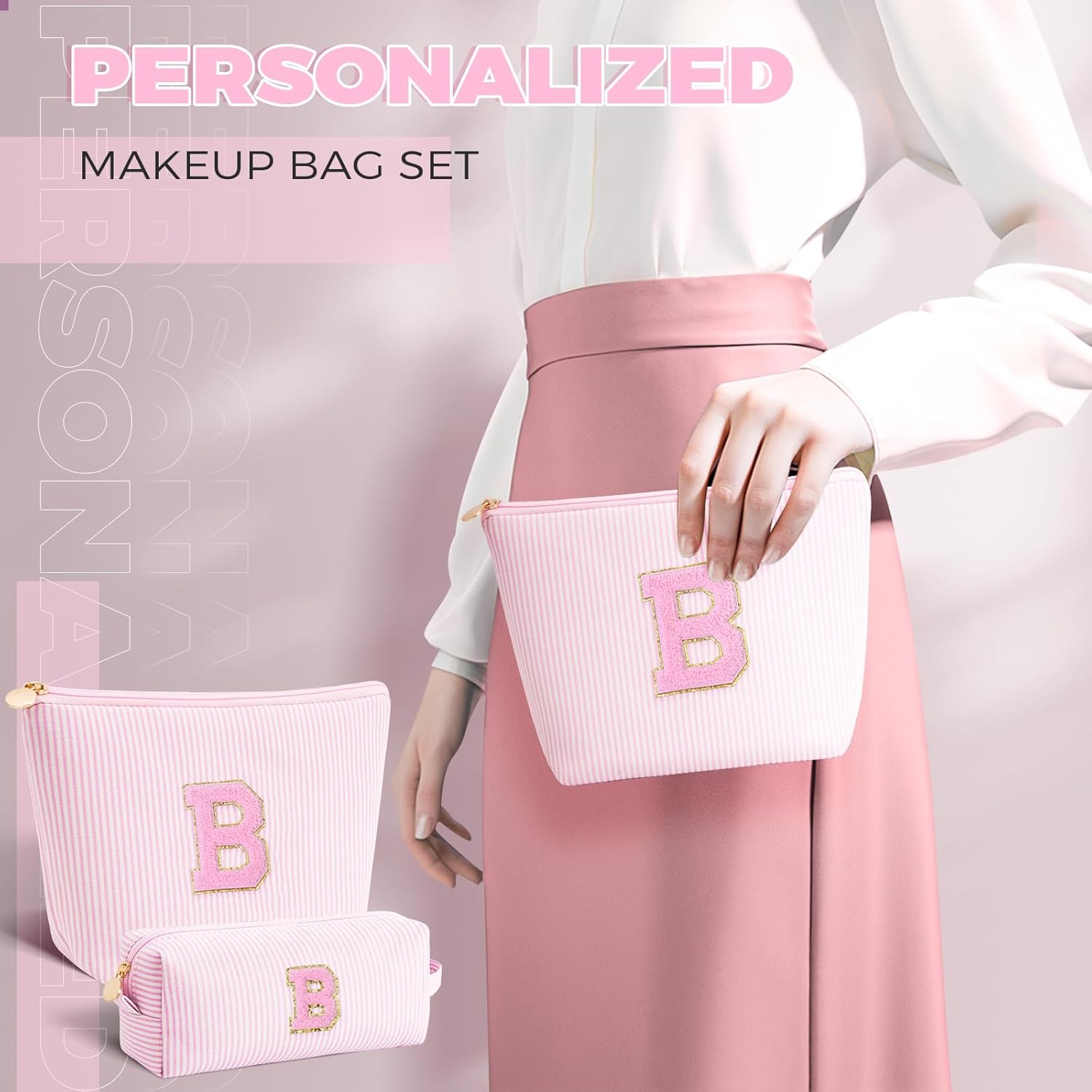 Bridesmaid Gifts Wedding Day - Bridal Shower Gifts,Maid of Honor Gifts,Initials Makeup Bag Set