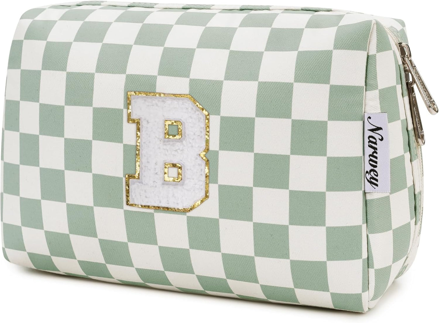 Narwey Birthday Gifts for Teen Girls Women Personalized Initial Checkered Makeup Bag Preppy Cosmetic Bag Trendy Stuff 6 8 10 11 12 13 14 16 18 Years Old Travel Toiletry Bag (Green Letter B)