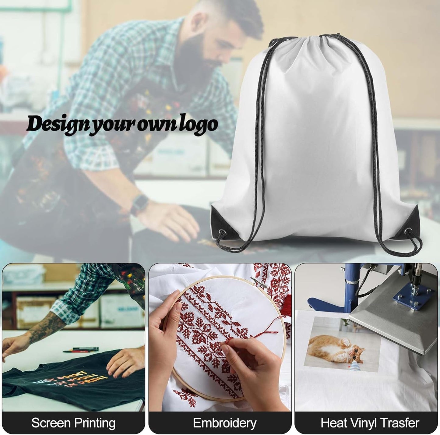 PLULON 15 Pcs White Drawstring Bags, Drawstring Backpack Bulk, Cinch Sack Sport Gym Backpack Bags