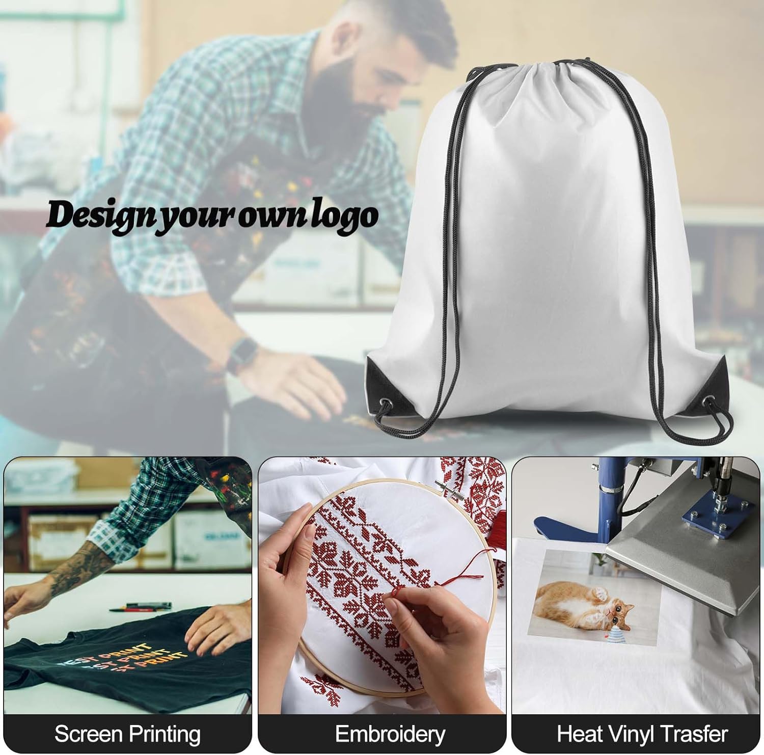 PLULON 15 Pcs White Drawstring Bags, Drawstring Backpack Bulk, Cinch Sack Sport Gym Backpack Bags
