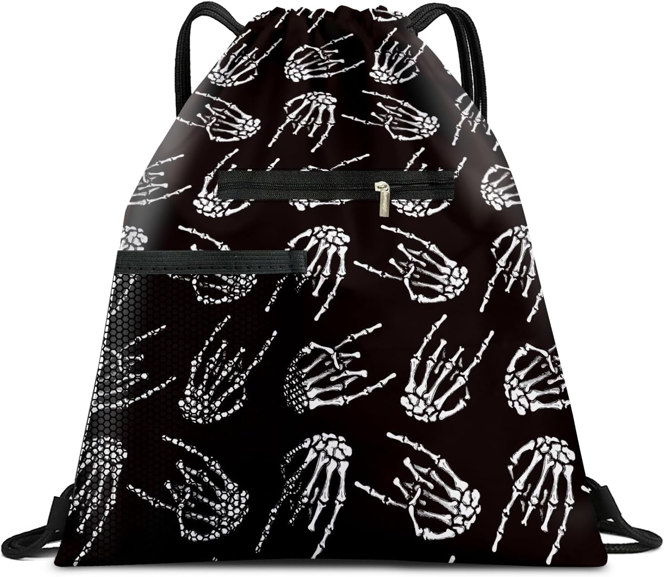 Drawstring Backpack Sports Gym Bag, Large String Swim Bag for Beach With Water Bottle Mesh Pocket, Cute Gym Sack with Zipper Pocket for Men Women Cute Skeleton Fingers