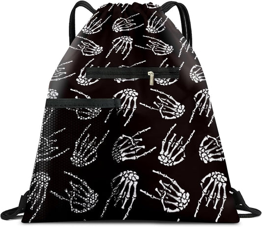 Drawstring Backpack Sports Gym Bag, Large String Swim Bag for Beach With Water Bottle Mesh Pocket, Cute Gym Sack with Zipper Pocket for Men Women Cute Skeleton Fingers