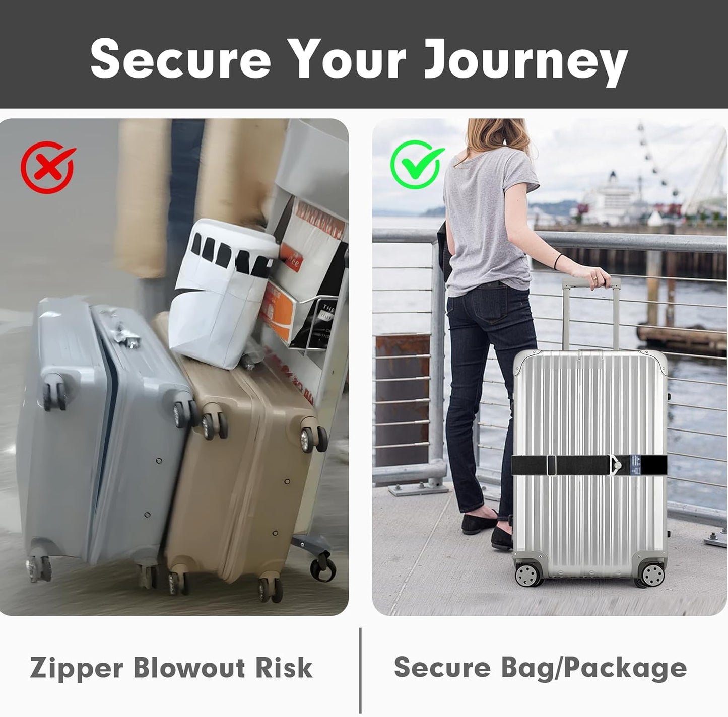 2-in-1 Travel Belt for Luggage Over Handle, Luggage Belt for Carry on Bag, Suitcase Straps, Add a Bag Bungees Luggage Straps Adjustable with Alloy Buckle,Hands-Free for Airport (Black, 2 Pack)