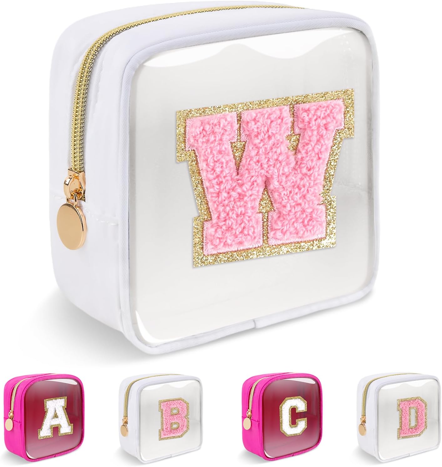 Personalized Initial Letter Clear Preppy Makeup Bag,Mini Nylon Chenille Letter Cosmetic Bag Cute Zipper Pouch Purse for Teen Girls,Portable TSA Approved Beach Travel Essentials Bag Gift for Women,W