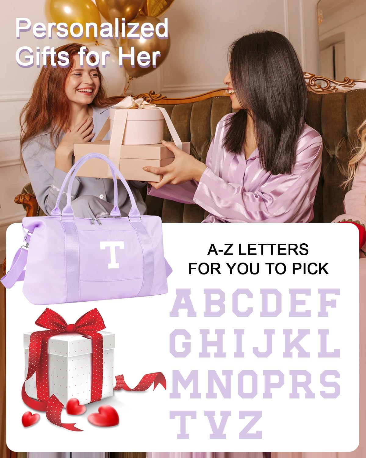 Daughter Niece Gifts for Teen Girl Kids, Initial Travel Duffel Bag Sports Gym Bag Personalized Gifts Weekender Bag，Monogram Overnight Bag Cute Dance Bag Birthday Bridesmaid Gifts for Women(Purple, T)