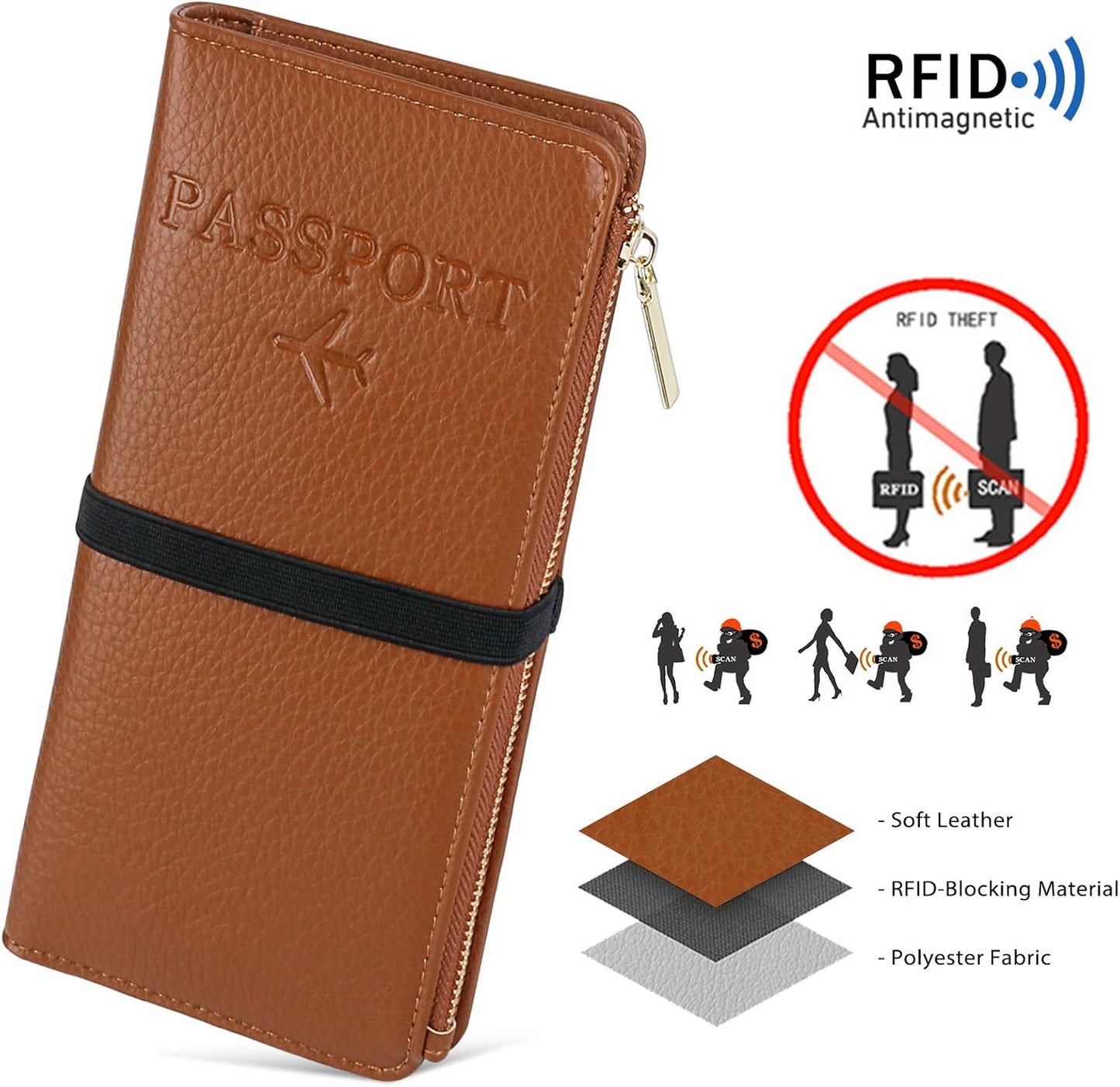 Real Leather Wallet RFID Blocking Passport Holder with Zipper Pocket Travel Organizer Pink (Brown)