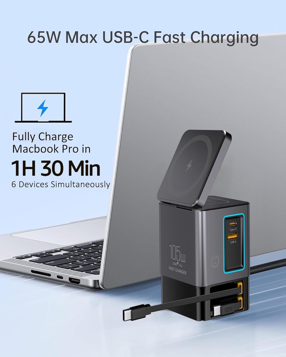 105W GaN Retractable Charger, 6-in-1 Charging Station with Magnetic Pad – MagSafe Compatible, USB-C Fast Charging for iPhone, AirPods, MacBook, Apple Watch, and Other Phones, Tablets, Laptops