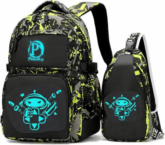 Boys Backpack, Cool Luminous School Backpack with USB Charging Port for Teen Boys, Kindergarten Elementary College Middle School Bookbag Lightweight Laptop Bag with Sling Bag Set, Green