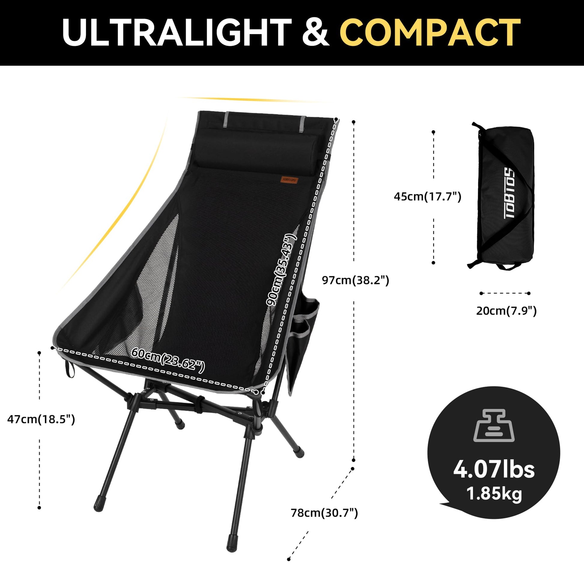 TOBTOS Portable High Back Camping Chair, Support 440 lbs, Ultralight Folding Chair with Head