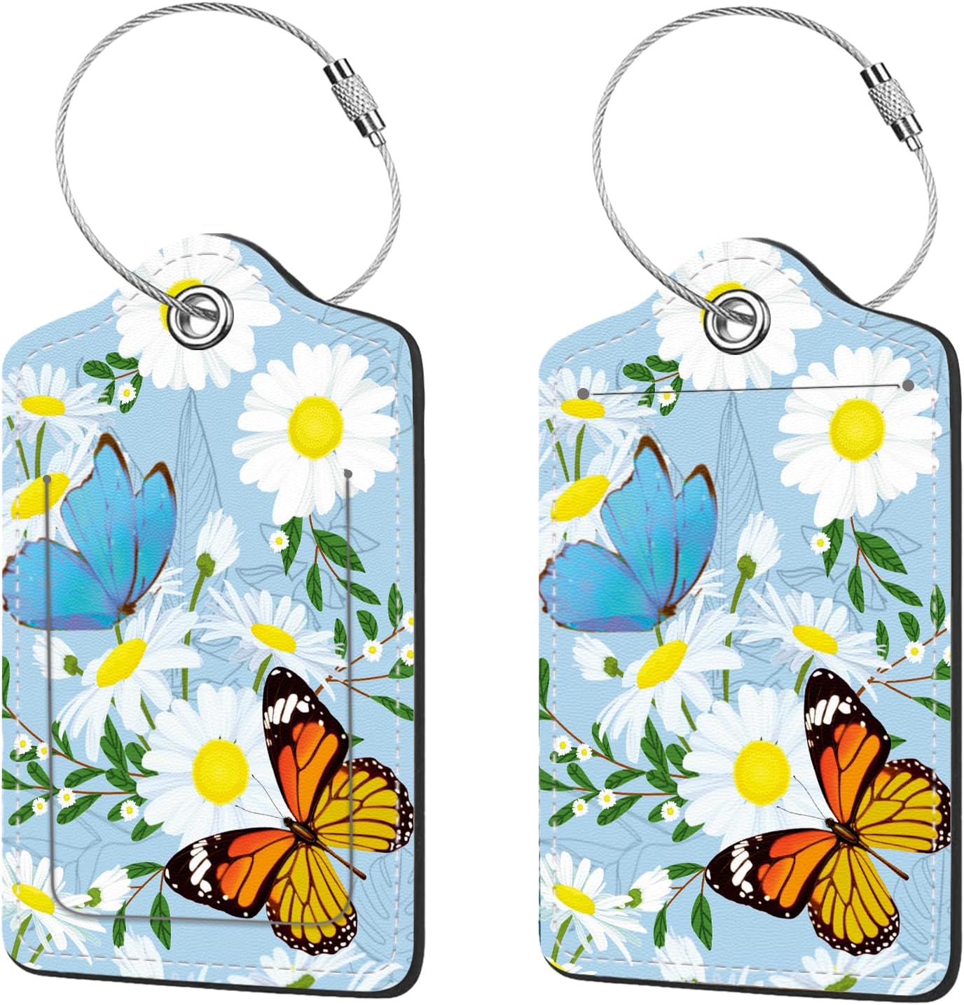 2 Pcs Luggage Tags for Suitcase, Cute Unique PU Leather Travel Bag Tag with Privacy Cover ID Label Address Card and Durable Metal Ring Suitable for Men Women Children Backpack,Butterflies and Flowers