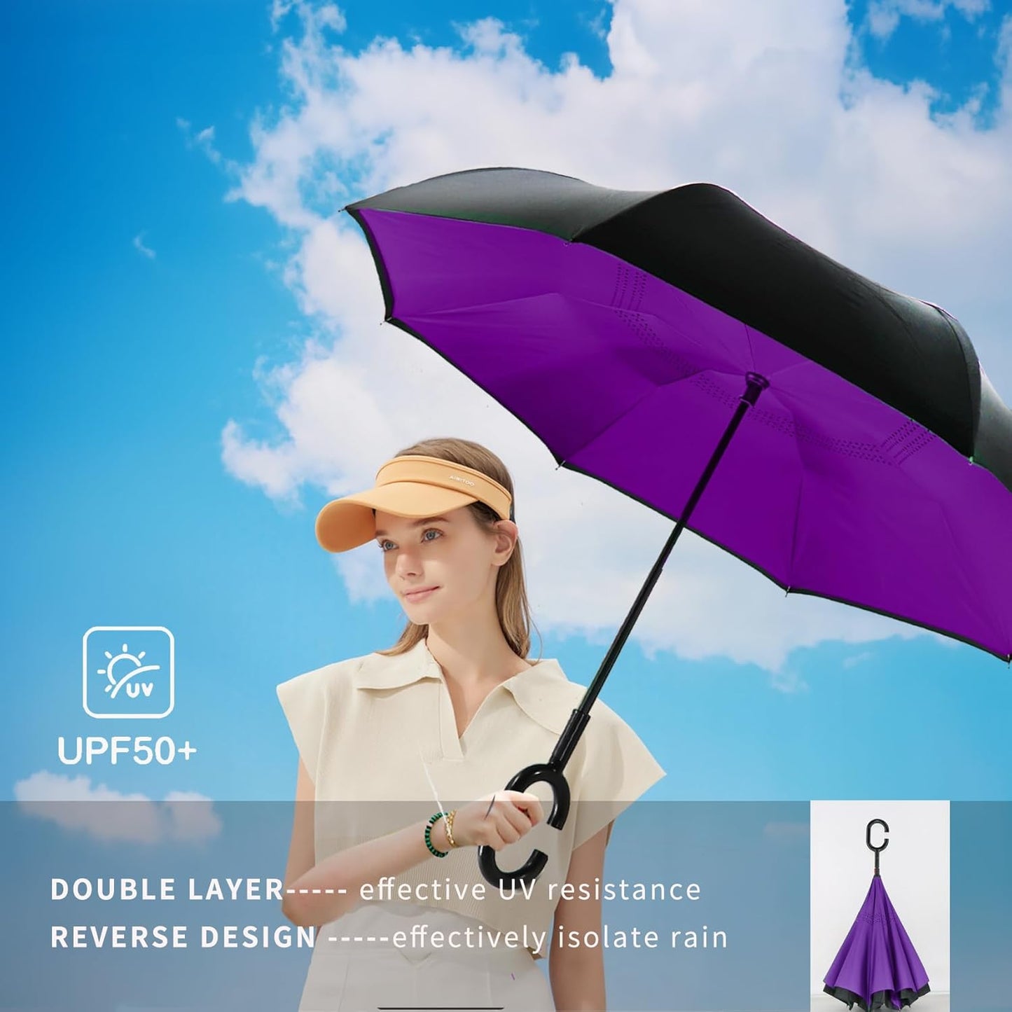 SIEPASA 49/56 Inch Inverted Reverse Upside Down Umbrella, Extra Large Double Canopy Vented Windproof Waterproof Stick Golf Umbrellas with C-shape Handle.