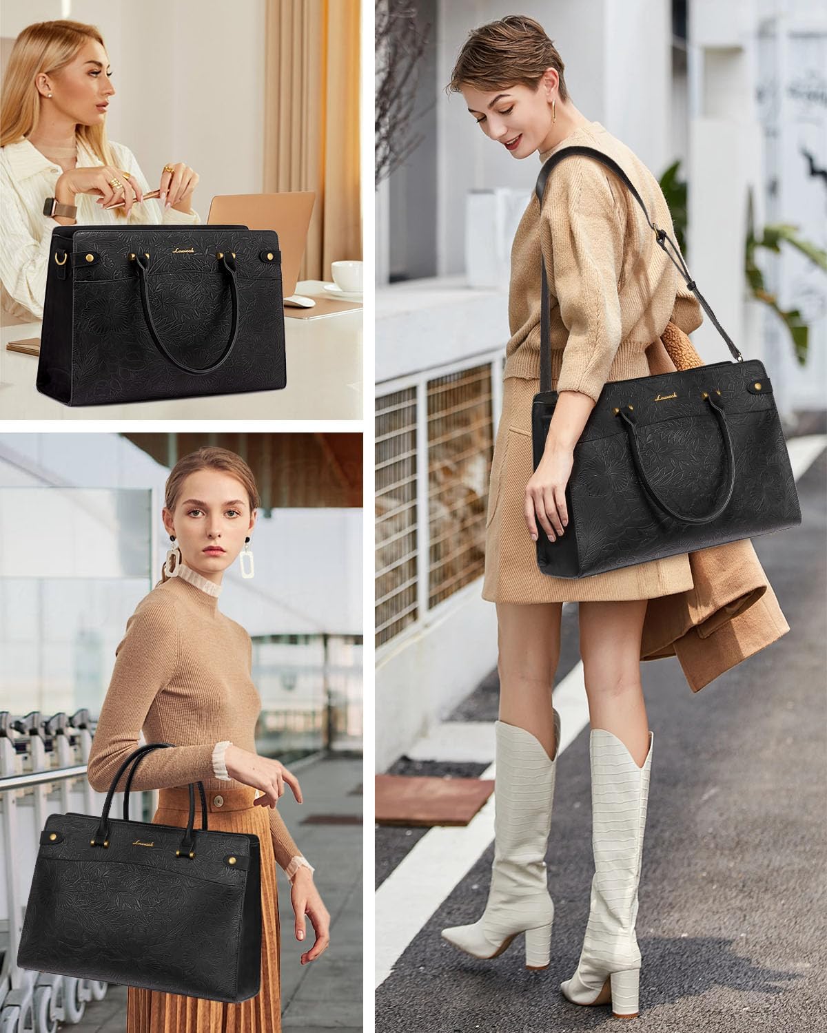 LOVEVOOK Laptop Tote Bag For Women Work, Vintage Leather Computer Bags For Laptops For Women, Waterproof Laptop Bag Business Briefcase Office Large Shoulder Handbag Purse, 15.6 Inch, Black Embossed