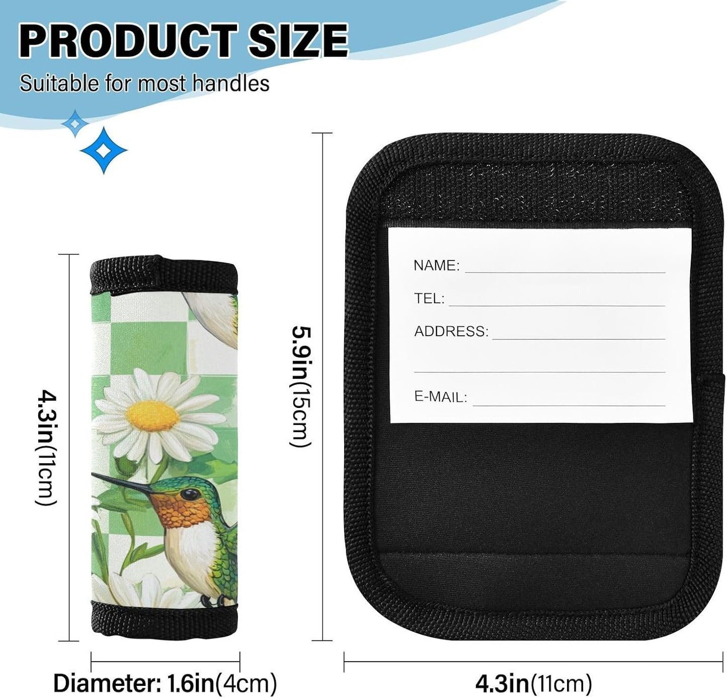 Checkered White and Green Hummingbirds Daisy 2 Pack Luggage Handle Wraps Covers for Suitcase Identifiers Bag Tags Travel Accessories