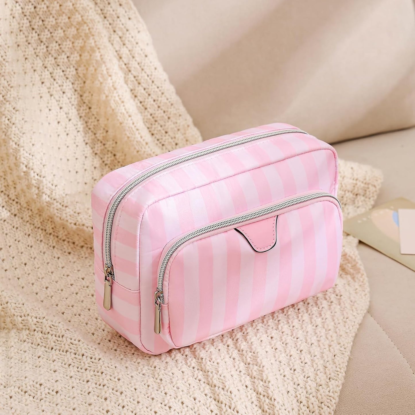uekeboag Pink Stripe Nylon Travel Makeup Organizer Bag with Comartments,Large Capacity Cosmetic Bags,Toiletries Accessories Coquette Bag for Women Girls(02Compartments)