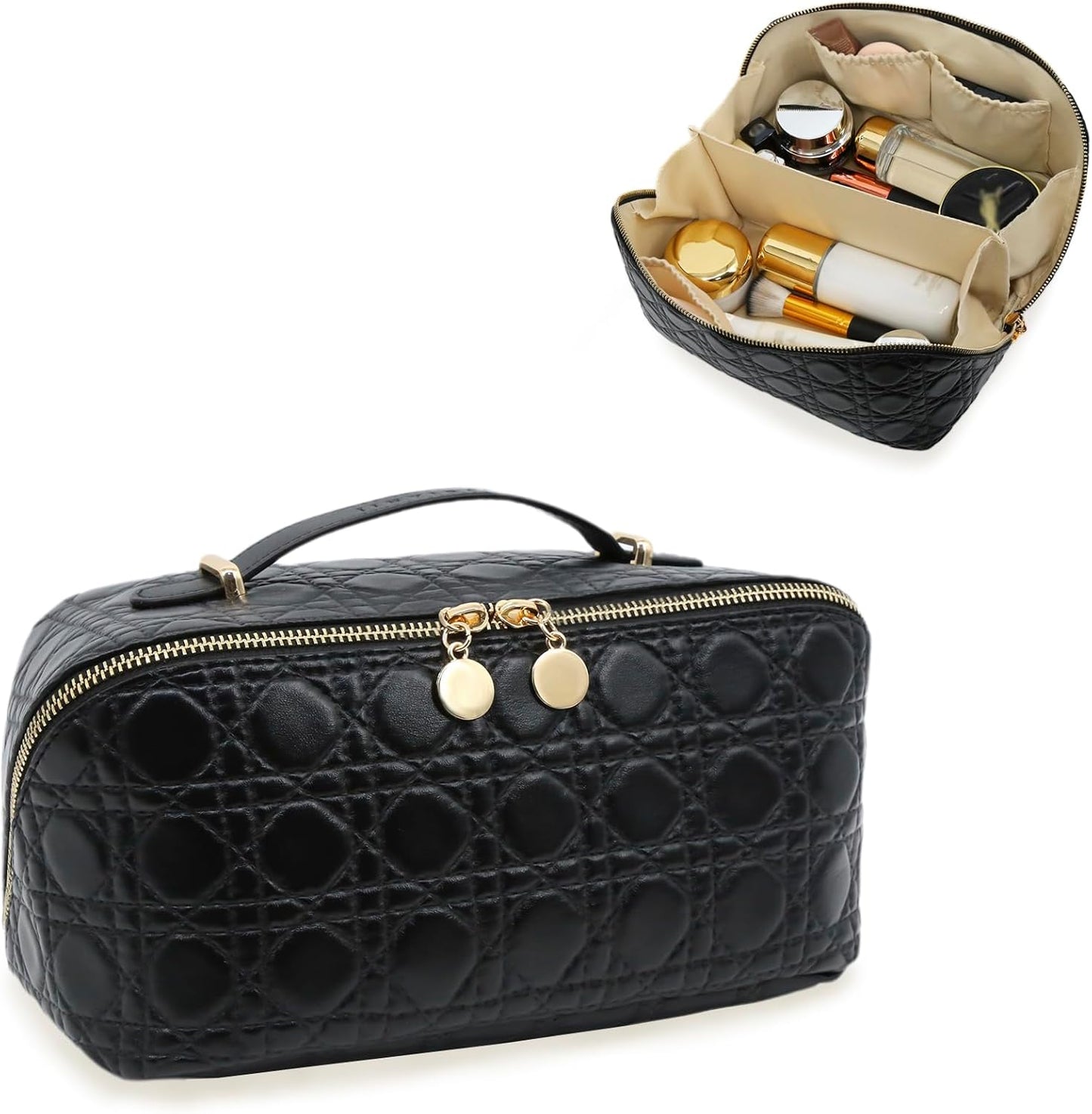 Travel Makeup Bag – Large Cosmetic Organizer with Waterproof PU Leather, Smooth Double Zipper & Tear-Resistant Lining, Toiletry Pouch for Women (Black)