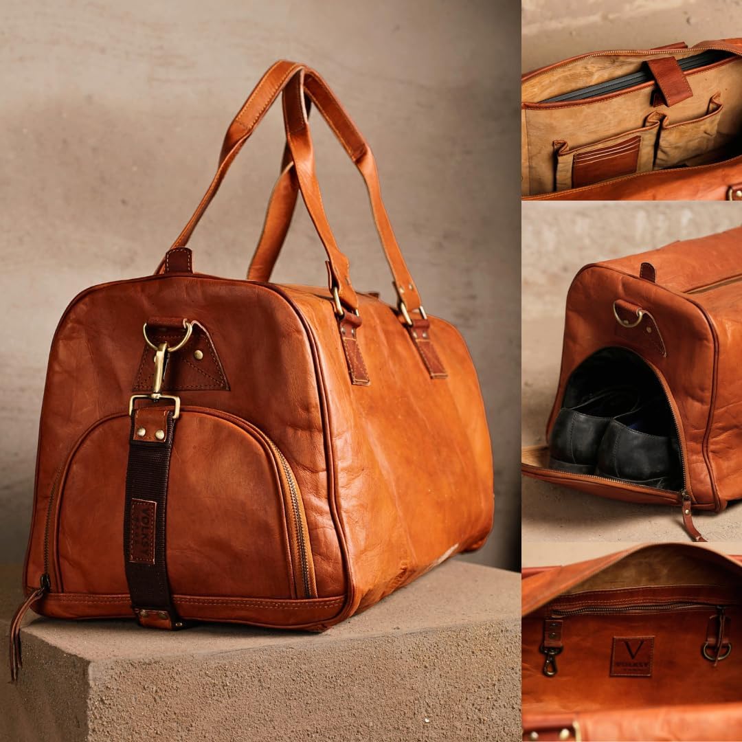 Leather Duffle Bag for Men & Women, 46L Overnight Weekender Garment Duffel Bags for Travel with