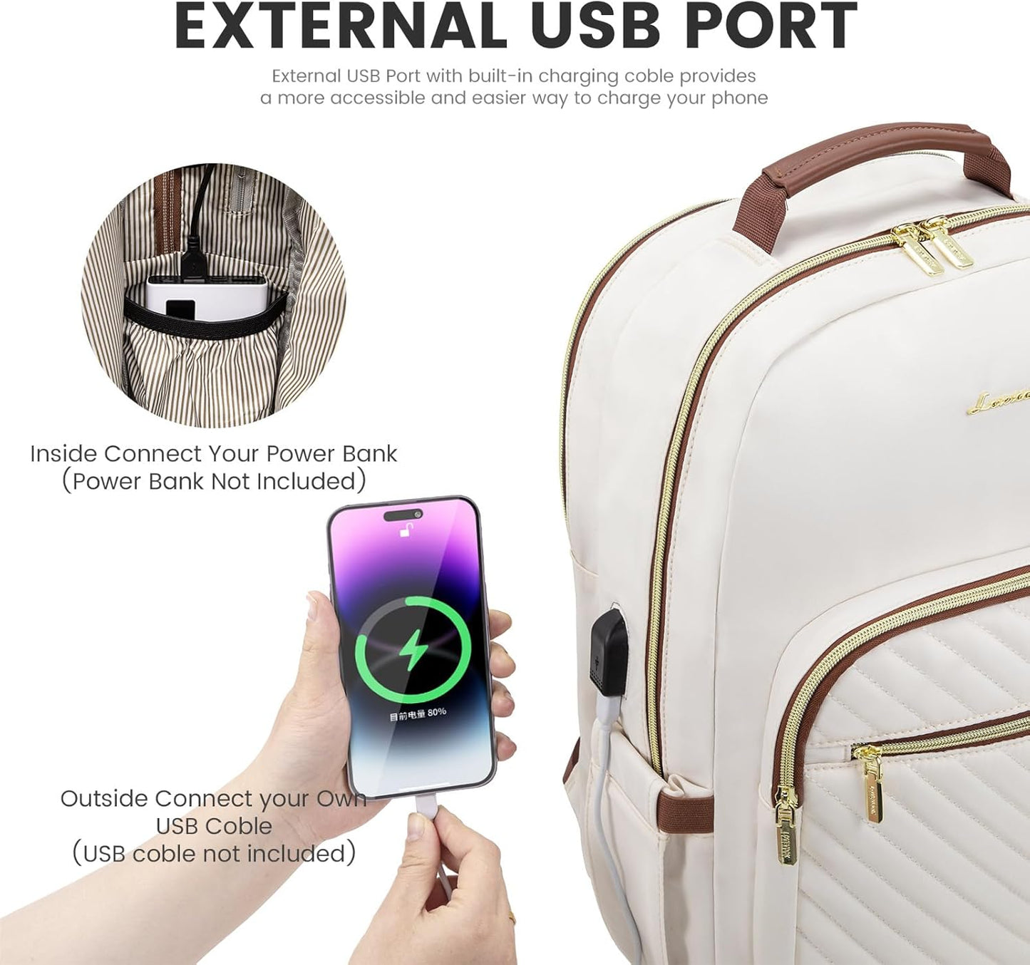LOVEVOOK Laptop Backpack for Women 15.6 inch,Cute Womens Travel Backpack Purse,Professional Laptop Computer Bag,Waterproof Work Business College Teacher Bag Carry on Backpack with USB Port,White Brown
