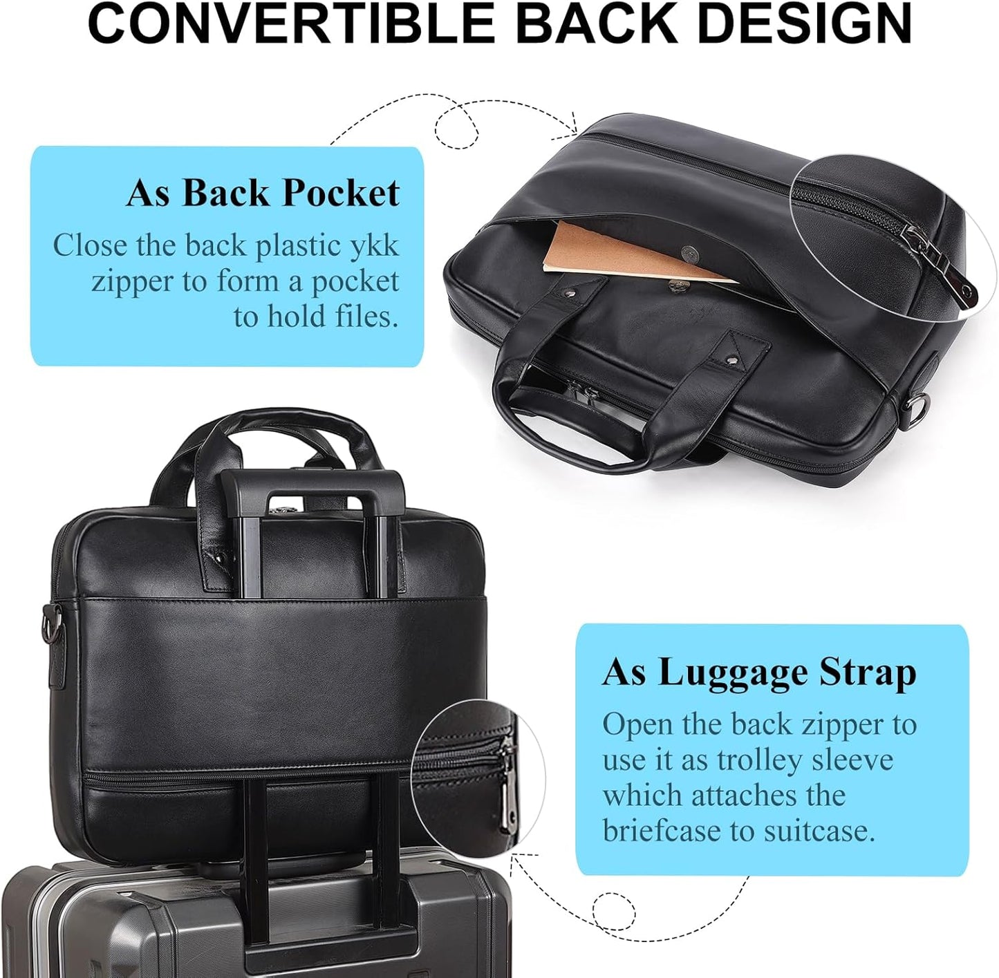 Masa Kawa Mens Leather Slim Briefcase for 16" Laptop Black Waterproof Crossbody Shoulder Messenger Computer Bag for Business Travel Office Work