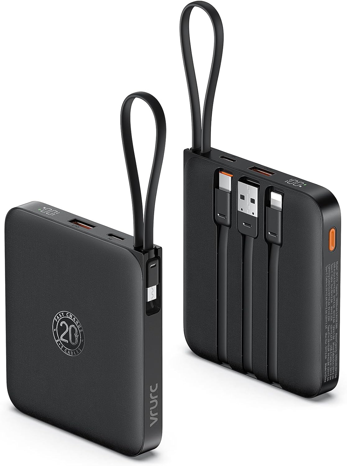 VRURC Portable Charger with Built-in Cable, 10000mAh 22.5W Fast Charging USB C Battery Pack, Cell