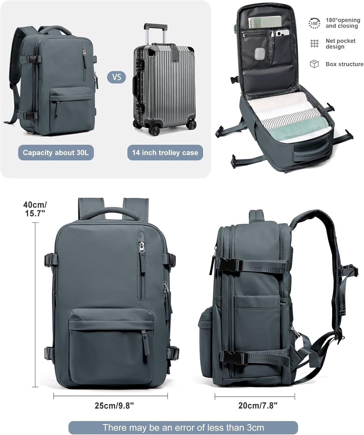 VGCUB Travel Backpack for Women Men for Spirit Airlines Personal Item Bag 18x14x8 Inches Laptop College Backpack,Waterproof Carry on Flight Approved Work Backpack Mochila de Viaje,Grey blue