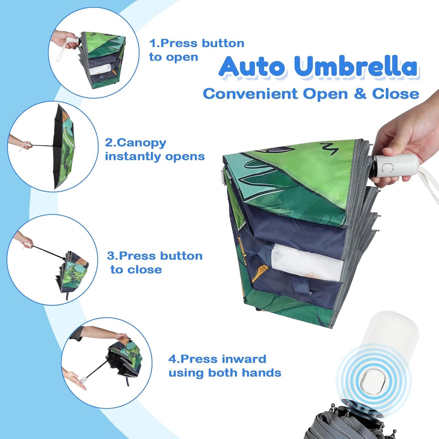Autoamtic Kids Umbrella UV Resistant, Folding Compact Umbrella 360° Reflective Strip for Travel Outdoor, Lightweight Cute Kids Parasol Anti-rebound Safe for Toddler