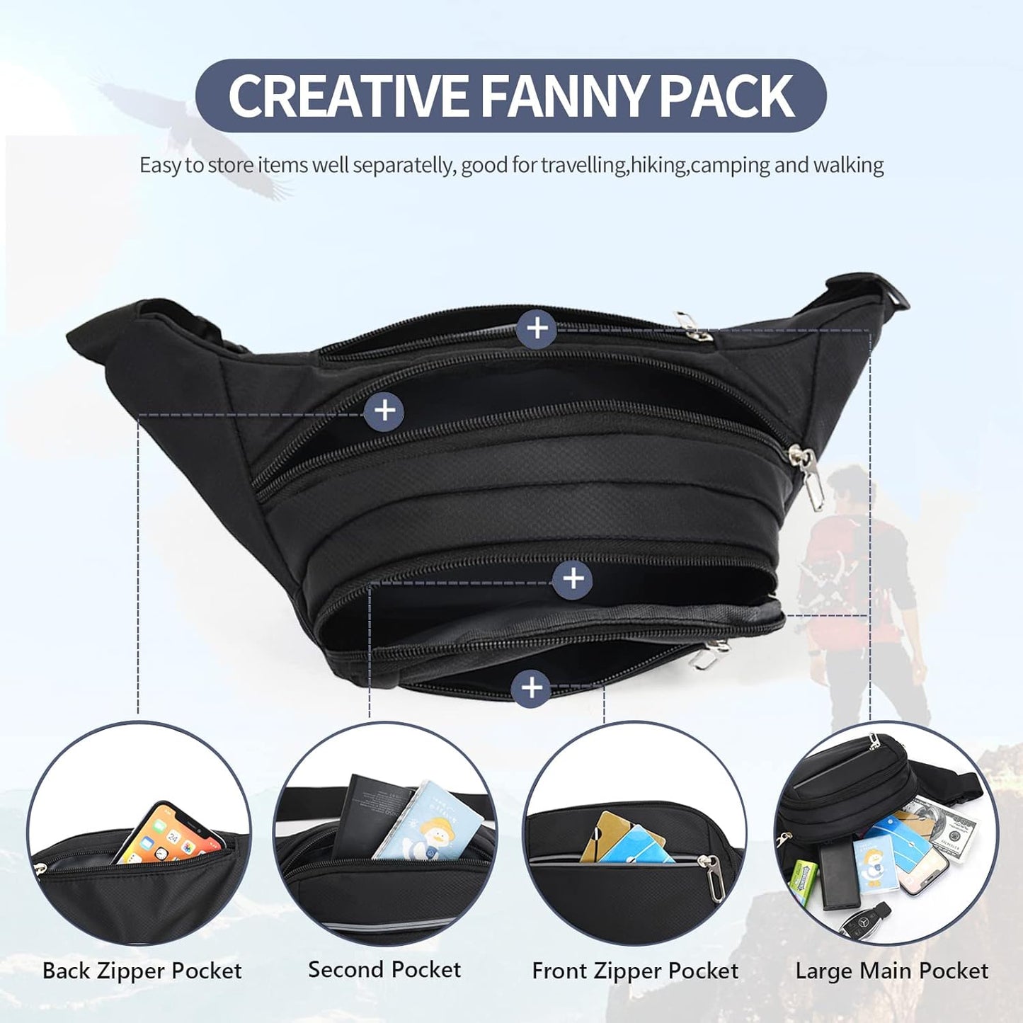 DAITET Crossbody Fanny Pack for Men&Women,Large Waist Bag & Hip Bum Bag with Adjustable Strap for