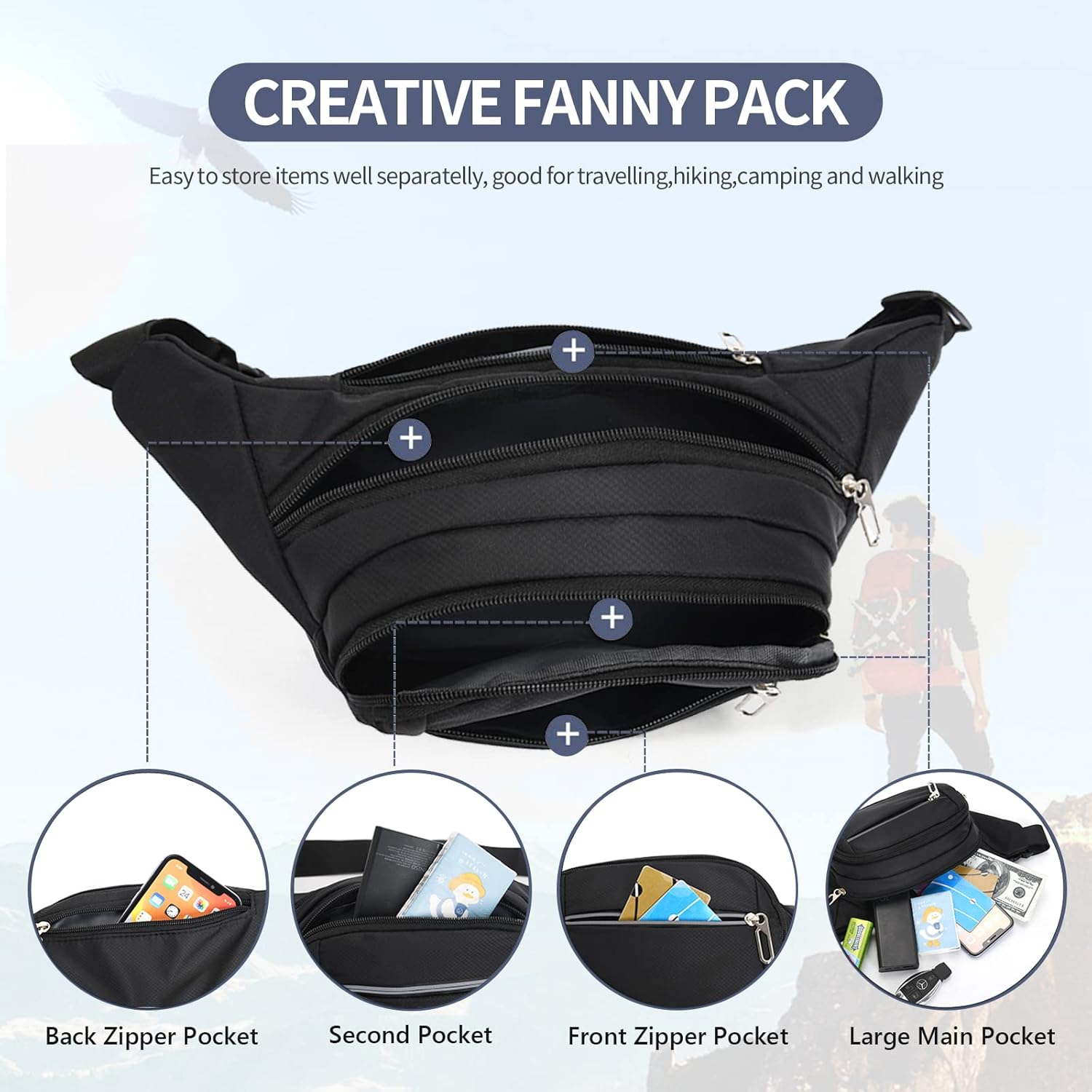 DAITET Crossbody Fanny Pack for Men&Women,Large Waist Bag & Hip Bum Bag with Adjustable Strap for