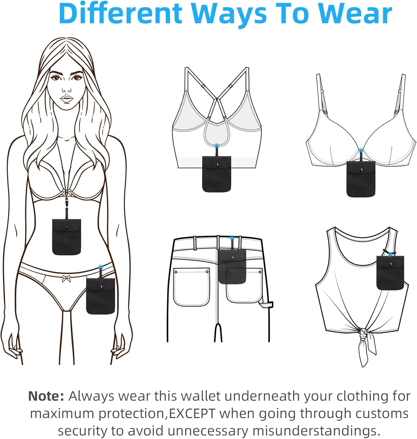 Bra Wallet Women Travel with Adjustable Elastic strap and Lanyard, Perfect Hidden Secret Pocket Protect Your Passport Credit Cards Valuables (Large Black)