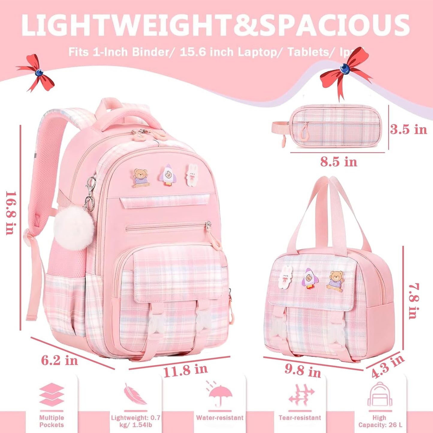 Cute Girls Backpack, 3PCS Cute Kids School Bag, 16.8 Inch Kindergarten Primary Backpack with Lunch Box Pencil Case Set（Pink）