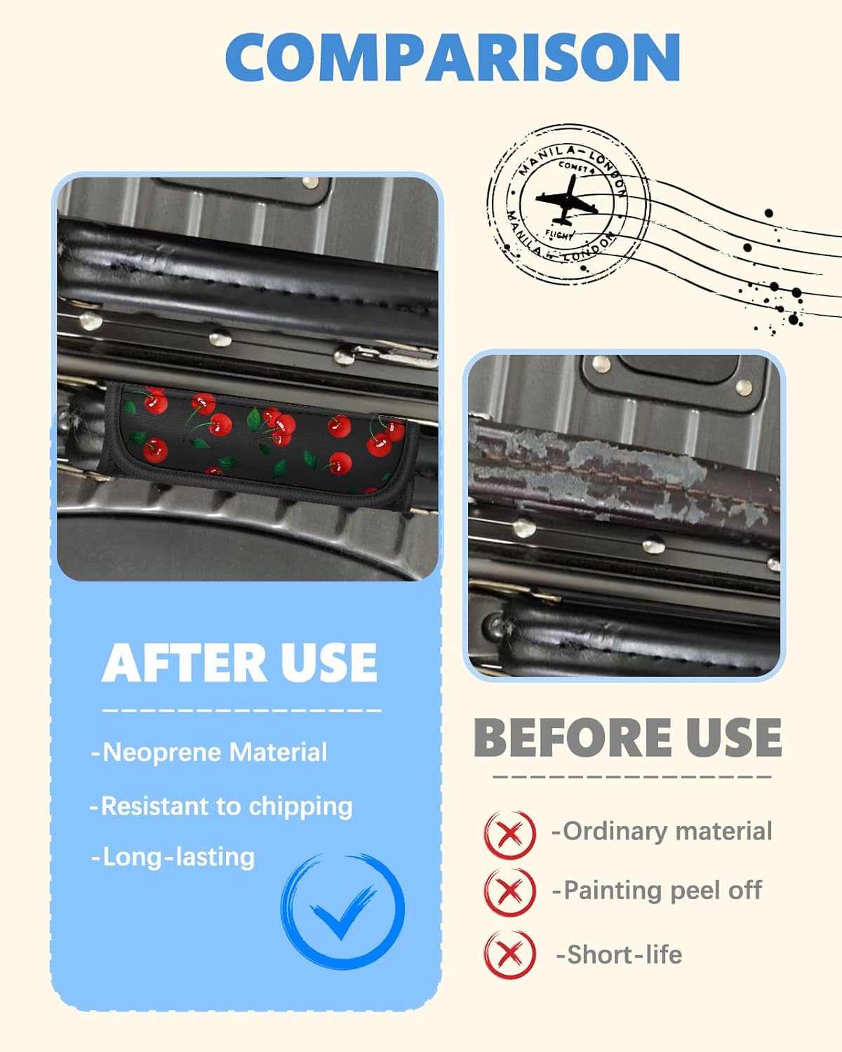 Slohif Luggage Handle Wrap 3Pcs Suitcase Identifier - Bag Strap Cover For Bogg Travel Accessories Easy Identification Bright Marker Sleeve Grips Comfort Neoprene Concealed Tag For Airport Cherry