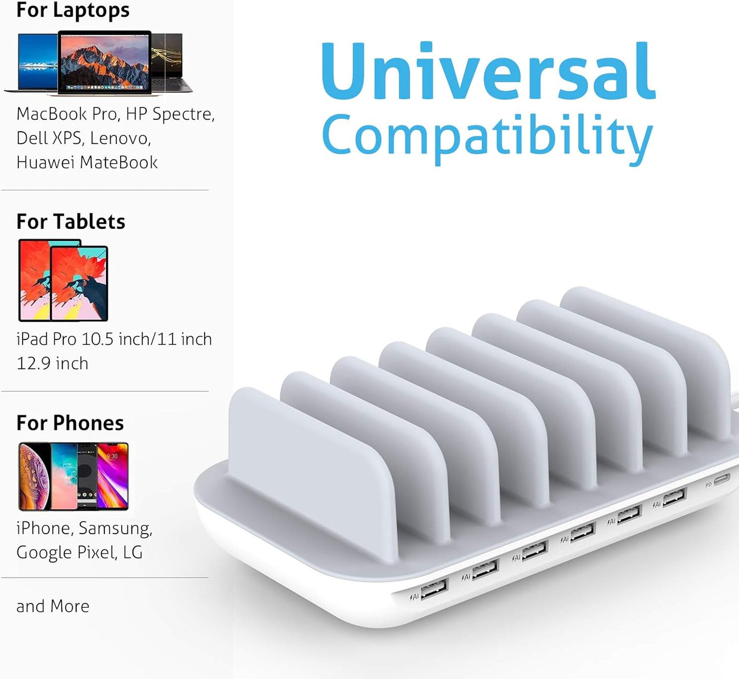 SooPii 70W 7 Port Charging Station for Multiple Devices,Charger Station with One 30W Power Delivery Port for Laptops,and 6 USB Ports for Smart Phones,Tablets,Other Electronics, White