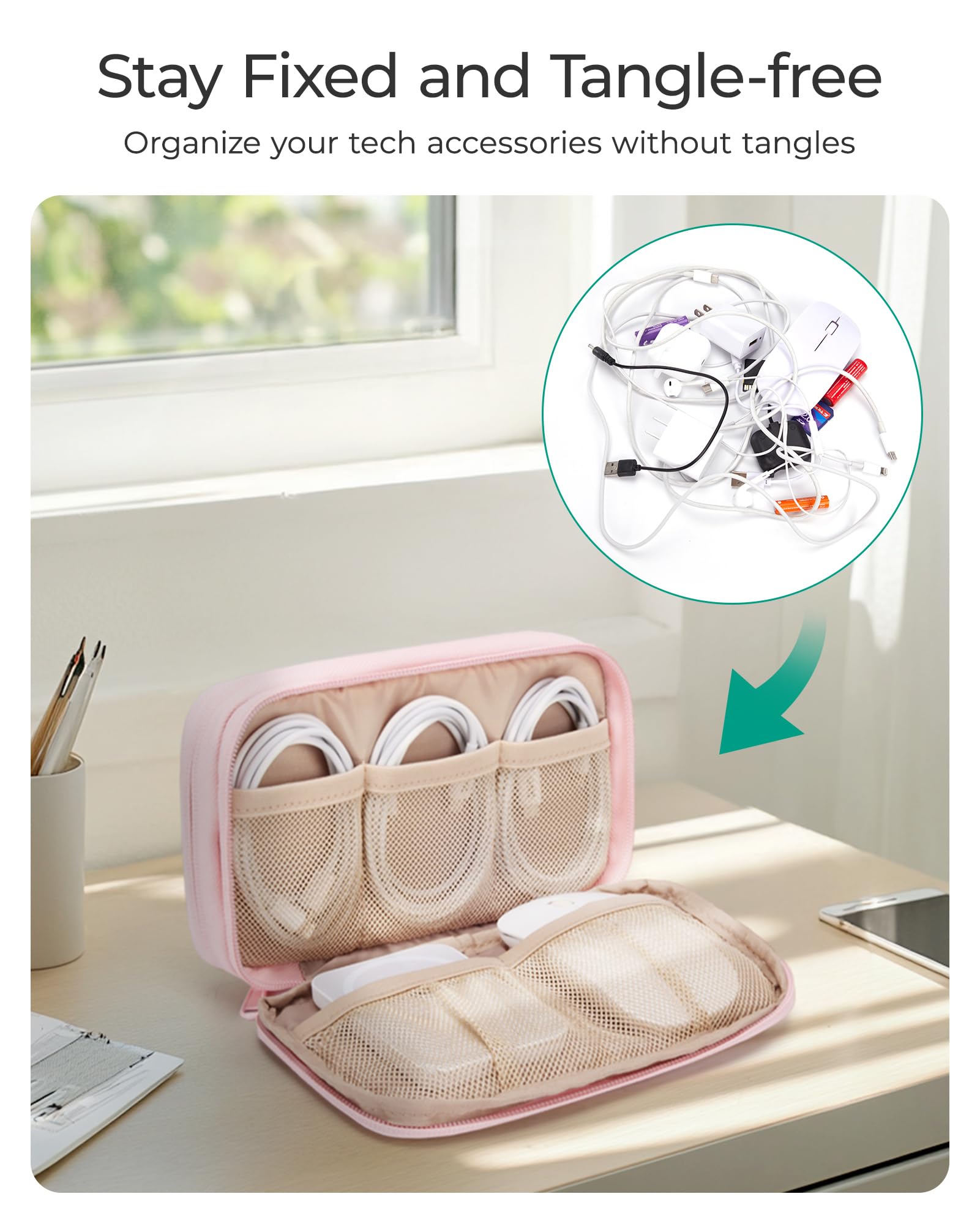 BAGSMART Electronics Organizer Travel Case for Cords Chargers Phones, Pink