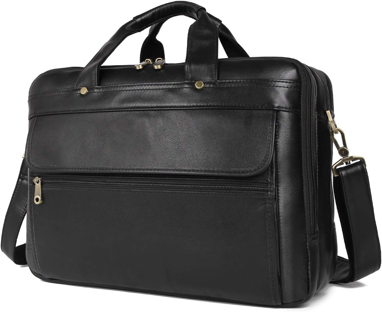 Augus Leather Briefcase for Men Business Travel Messenger Bags 15.6 Inch Laptop Bag, Black