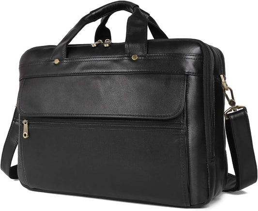 Augus Leather Briefcase for Men Business Travel Messenger Bags 15.6 Inch Laptop Bag, Black