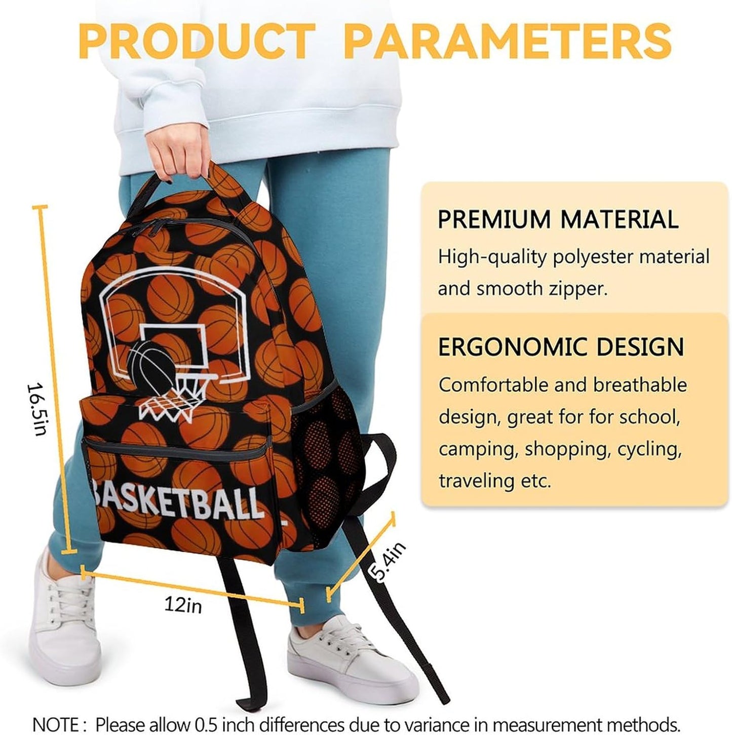 Mercuryelf Basketball Backpack for Boys Girls - 16 Inch Black Backpacks for School Travel - Cool Lightweight Bookbag for Kids