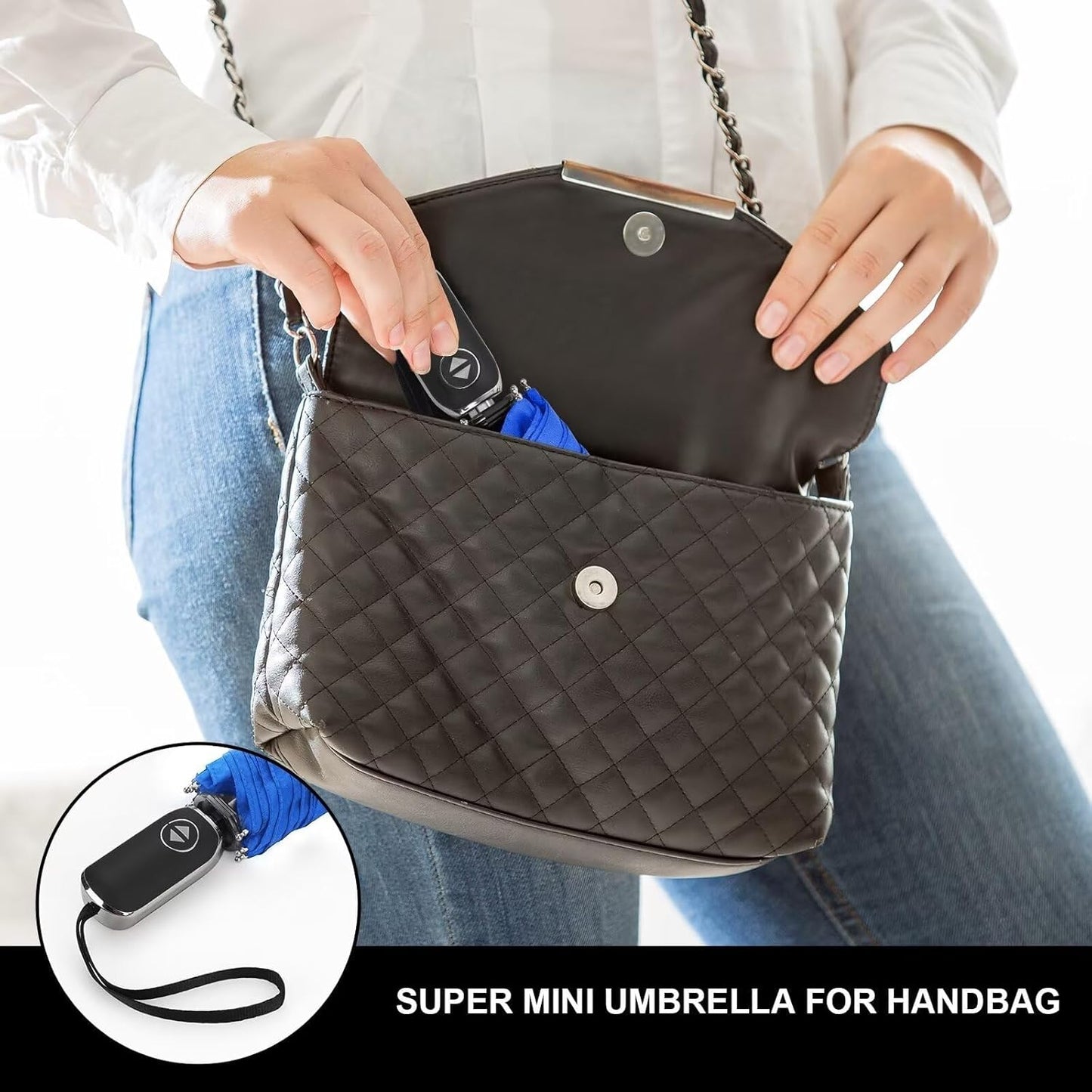 LEAGERA Compact Travel Umbrella for Purse - Flat Handle, Waterproof for Light Rain
