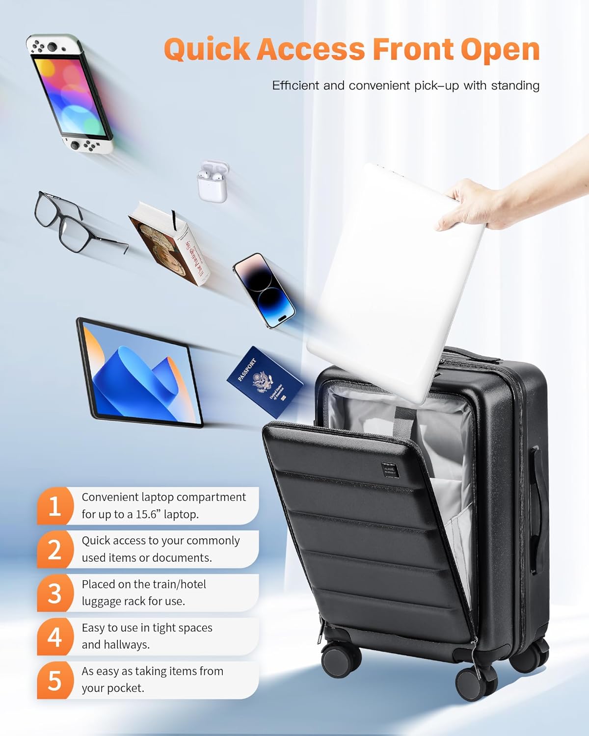 20 IN Carry On Luggage 22x14x9 Airline Approved - Front Pocket Hardside Travel Suitcase Unbreakable -with Cup Holder,Charging Port,Side Pothook, 360°Spinner Wheels, TSA Lock-Black