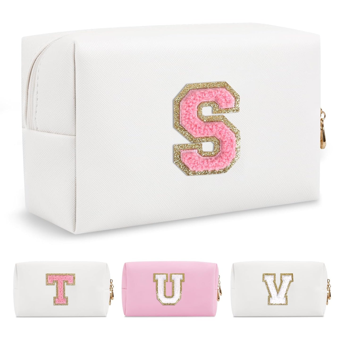 Personalized Makeup Bag Initial A-Z Preppy Patch Bag,Small PU Leather Travel Cosmetic Bag Pouch