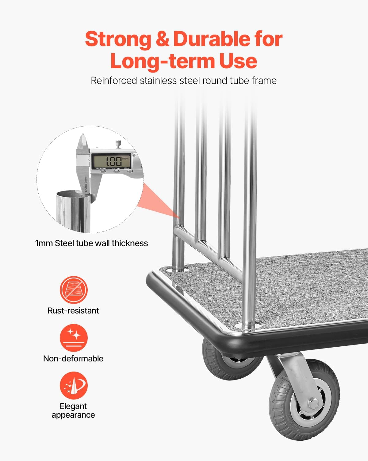 VEVOR Hotel Luggage, 800 LBS Load Capacity, Brushed Stainless Steel Finish Bellman's Cart, Valet Cart with Grey Carpeted Deck and 6-inch Rubber Wheels, Ideal for Hotels, Condos, Resorts, Silver