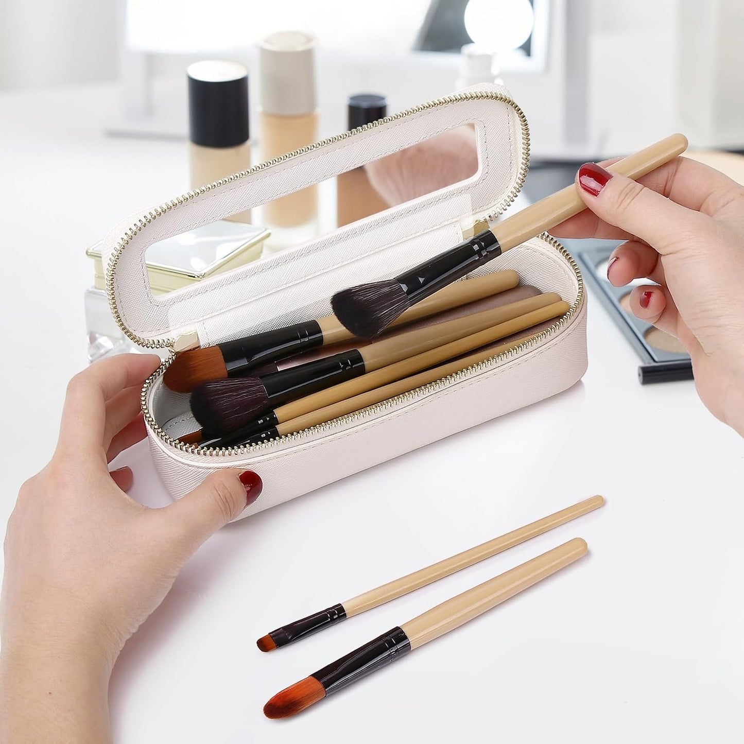 Travel Makeup Set Waterproof Transparent Cosmetic Bag and Toiletry Bag Makeup Brush case with Zipper Car Essentials for Women (White, L+M+SLIM)