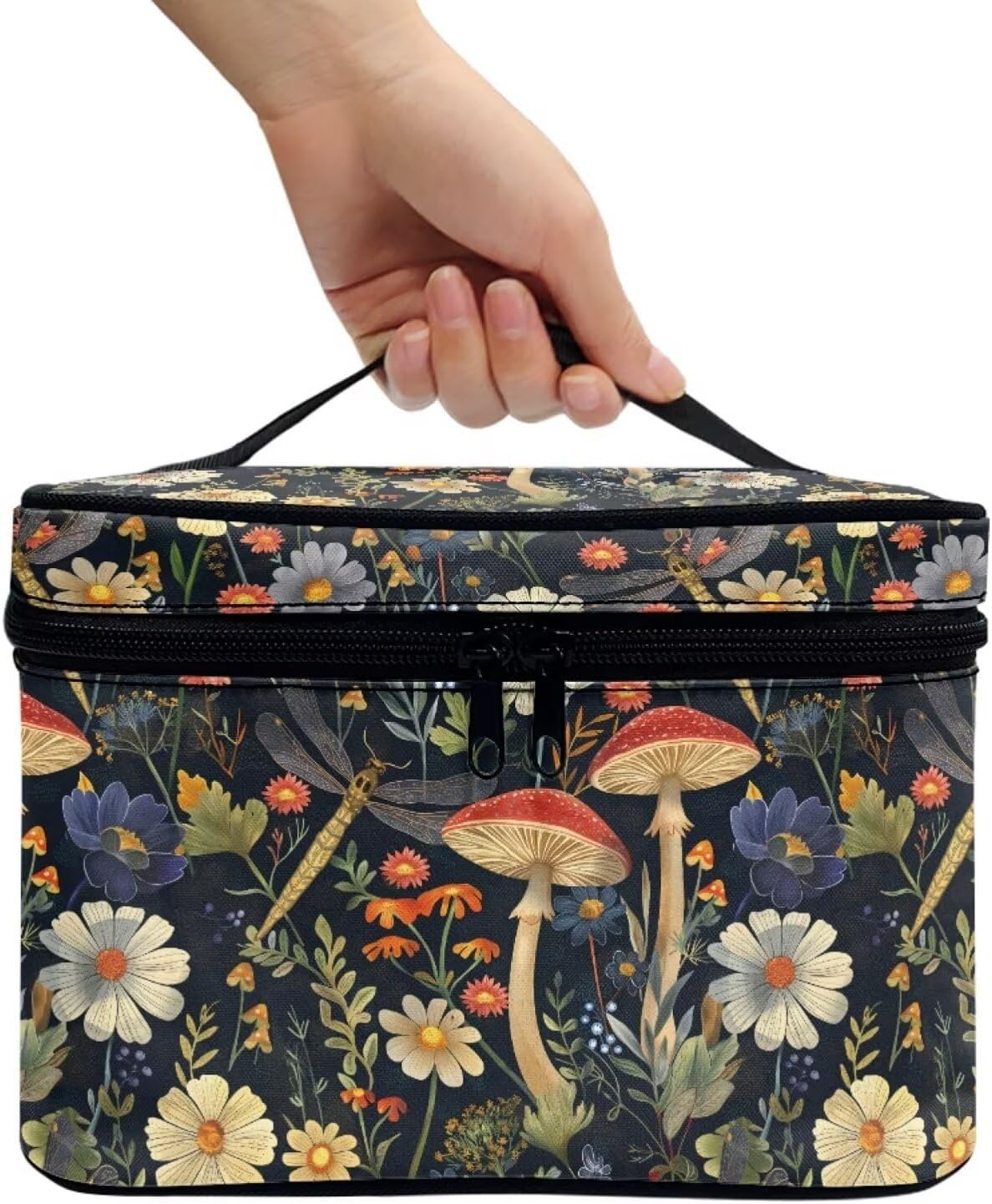 JoyLamoria Portable Makeup Case Retro Mushroom Printed Cosmetics Tote Pouch Zipper Closure