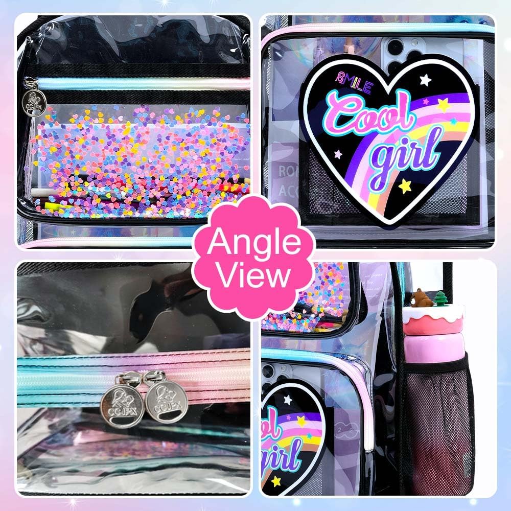 3PCS Girls Clear Backpack Heavy Duty, Cute Sequins See Through School Bag with Handbag, Womens Purple Transparent Bookbag