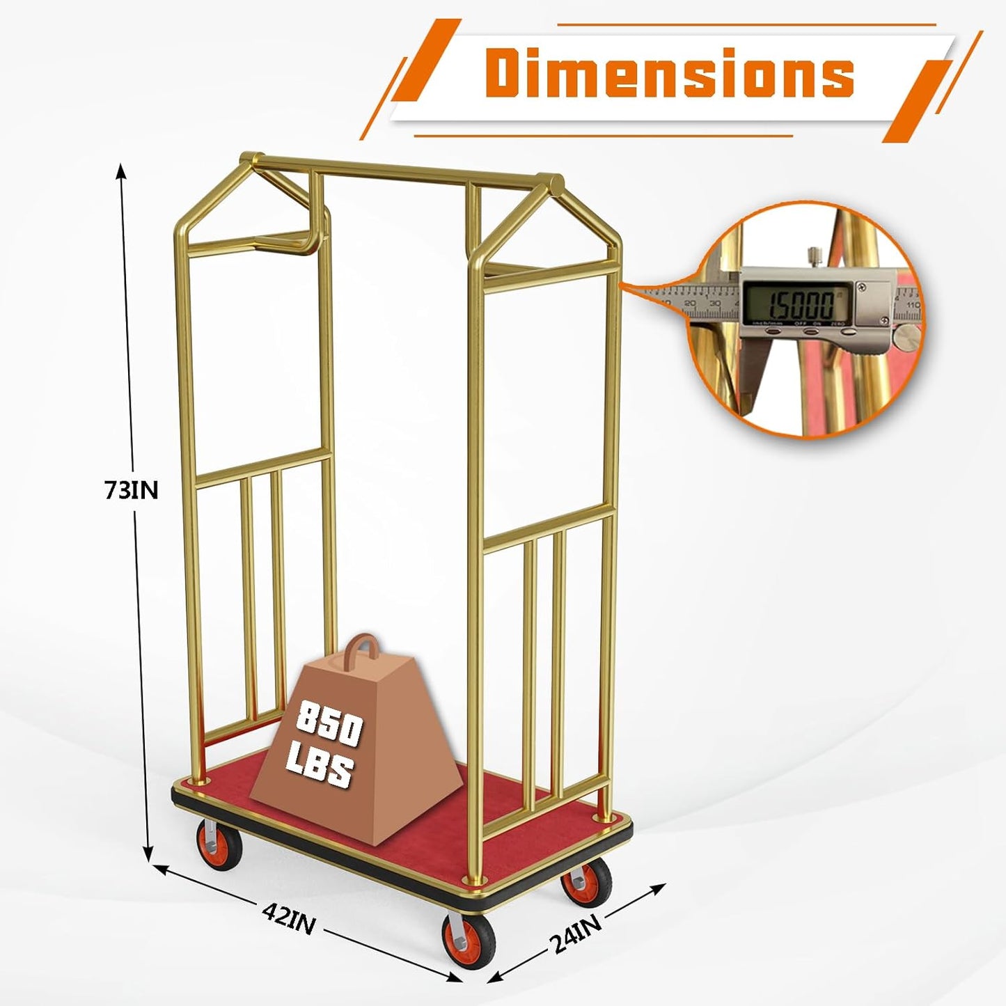 Gold Hotel Luggage Cart,42"x24" Bellman Cart with Baffle Guardrail and 6In Caster Weight Capacity Up to 850LBS Provide Convenience to Guest Gold Finished Hotel Cart Add Elegance to Hotel&Resort