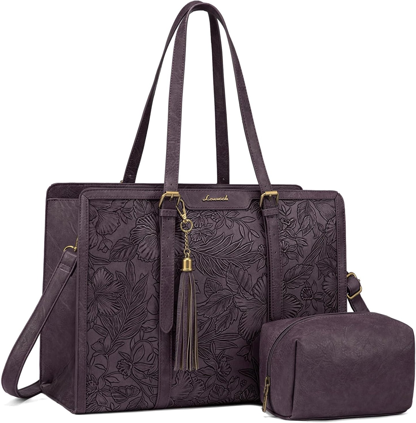LOVEVOOK Laptop Tote Bag for Women,17 inch Canvas Leather Computer bag with Clutch Purse for Business, Travel, School, Casual (Light Purple Embossed-P, 15.6 inch)