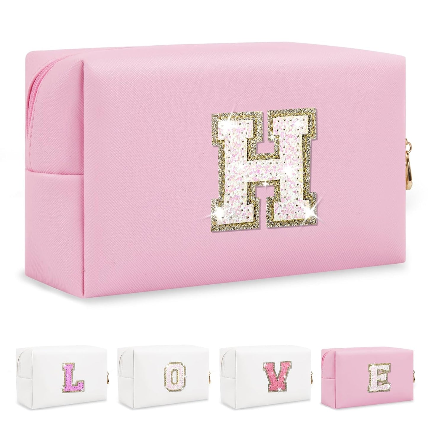 Small Personalized Initial A-Z Patch Makeup Bag,Pink Cute PU Leather Glitter Letter Cosmetic Bag for Teen Girls,Travel Toiletry Bag with Zipper,Preppy Monogrammed Birthday Gift for Daughter Niece H