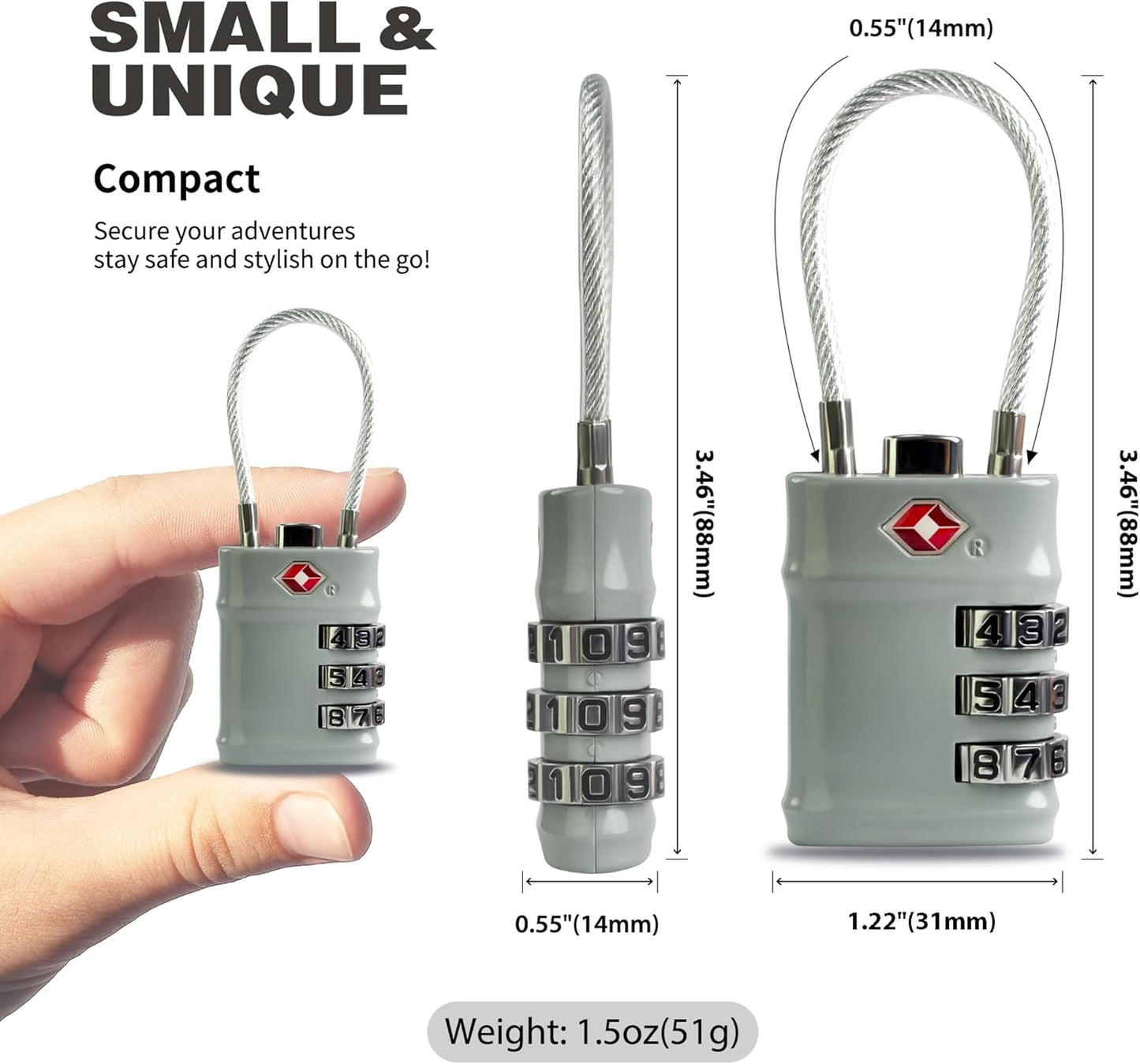 Suitcase Locks TSA Approved, Small Combination Cable Padlock, TSA Locks for Luggage, Combo Padlocks with Code for Backpack Zipper, Gym Locker, Ammo Can, Guitar Gun Case, Box (Black+Gray)