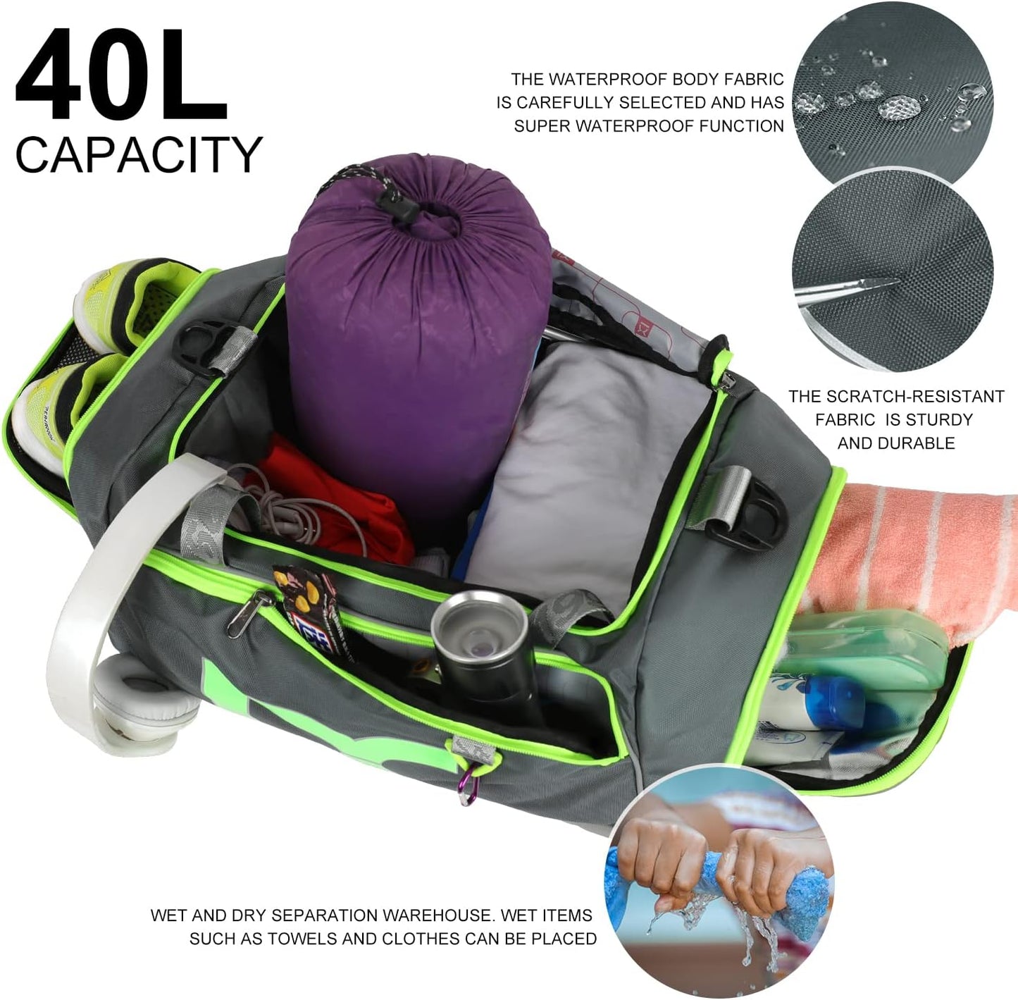 Sports Gym Bag，INOXTO Travel Duffel Bag with Dry Wet Pocket And Shoe CompartmentFor Women and Men，40L/55L Fitness Waterproof Weekender Bag For Swim Sports Travel Working Out (Gray green, 40L)