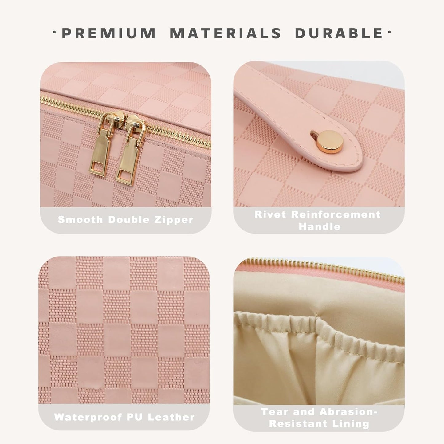 Travel Makeup Bag – Large Cosmetic Organizer with Waterproof PU Leather, Smooth Double Zipper &